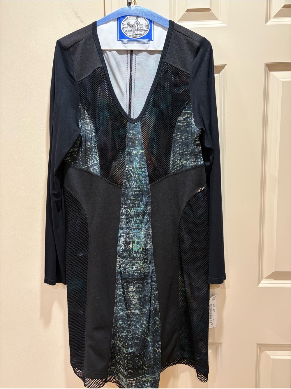 Fox Black Long-Sleeve V-Neck Dress with Iridescent Center Panel. Size Large